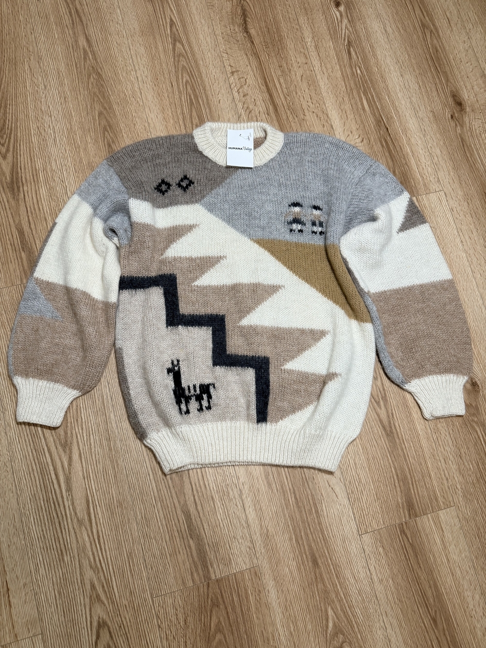 Geometric Alpaca Crewneck Sweater in Cream, Gray & Tan